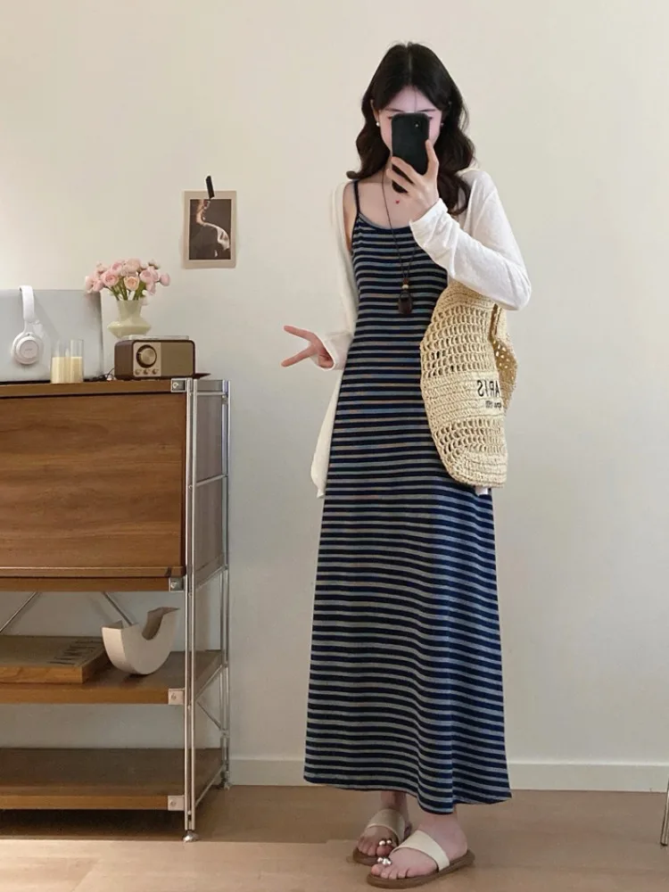 

plus Size Women's Summer Korean Style Long Sleeve Sun Protection Knitted Stripe Dress Set Casual Wear round Neckline Two-Piece