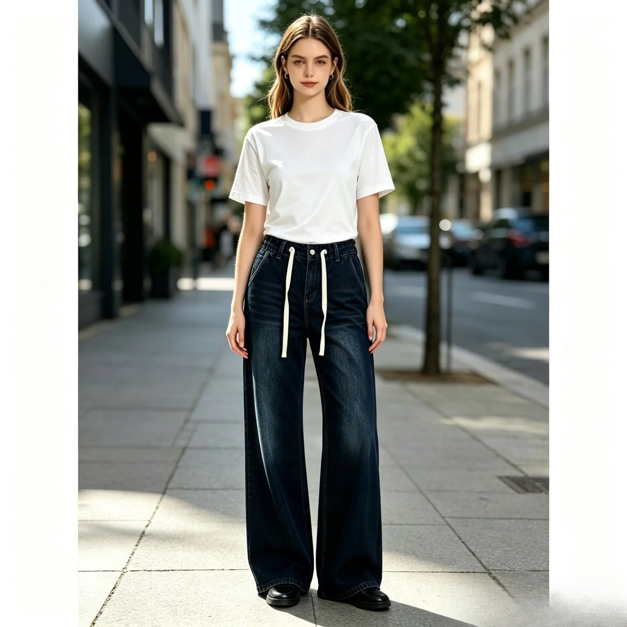 Ladies' new high waist drawstring button jeans, cat hair washing technology, ladies' high waist slim straight jeans.