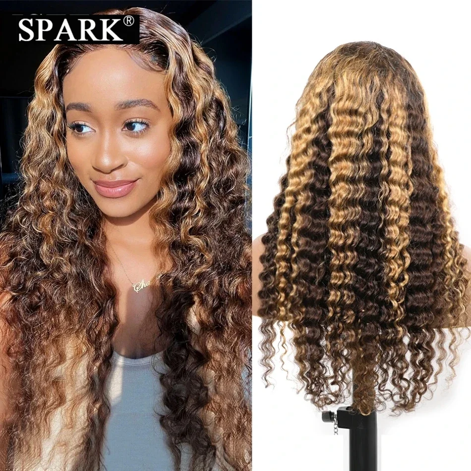 

SPARK Highlight P4/27 Deep Wave Wig Brazilian Human Hair 13x4 Lace Frontal Colored Wig Deep Curly Wig Remy Hair 180% Density