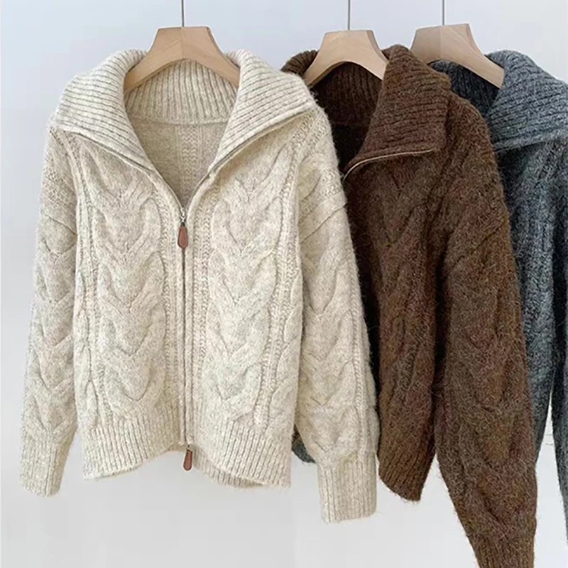 

Autumn Winter New Women Retro Solid Color Double Zipper Turn-down Collar Sweater Loose Knitted Cardigan Female Top