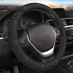 Car Steering Wheel Cover Vintage Halloween Black Gothic Skull Damask Universal 15 Inch Fit Steering Wheel Cover