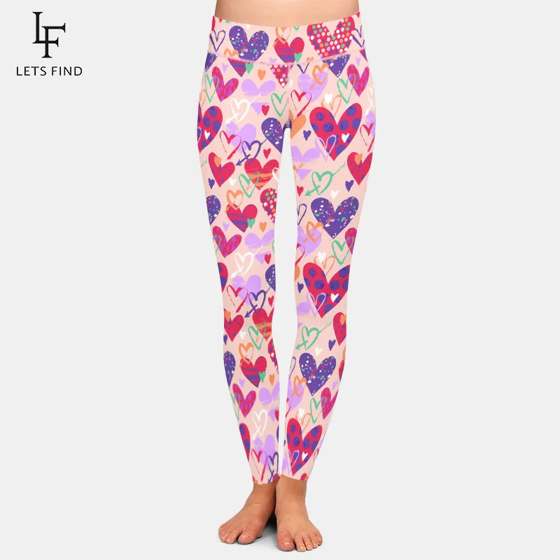 LETSFIND Fashion Valentine Day Hand Drawn Hearts Print Women Pants High Waist  Soft Fitness Elastic Full Leggings