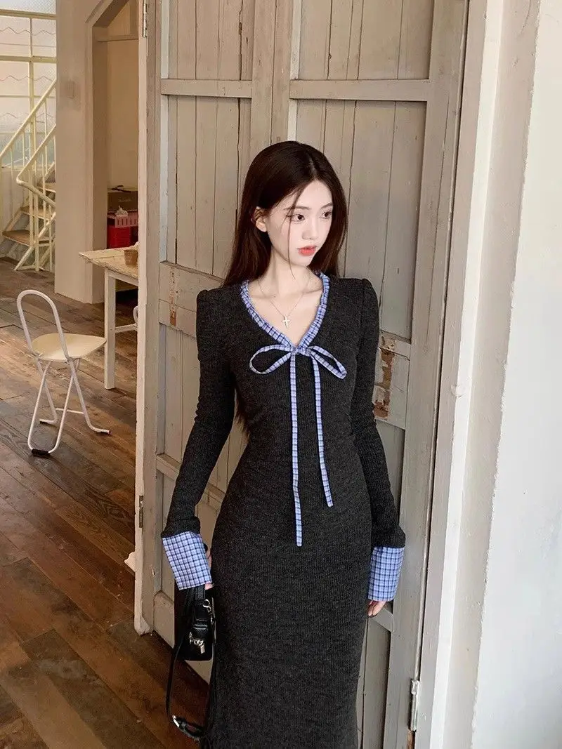 Sukienki Damskie z Długim Rękawem Średniowieczna Wiosenna Sukienka z Cupro Różowa Falbana Kokarda Linia A Uniwersalna Słodka Kawaii Lekka Miękka Prosta