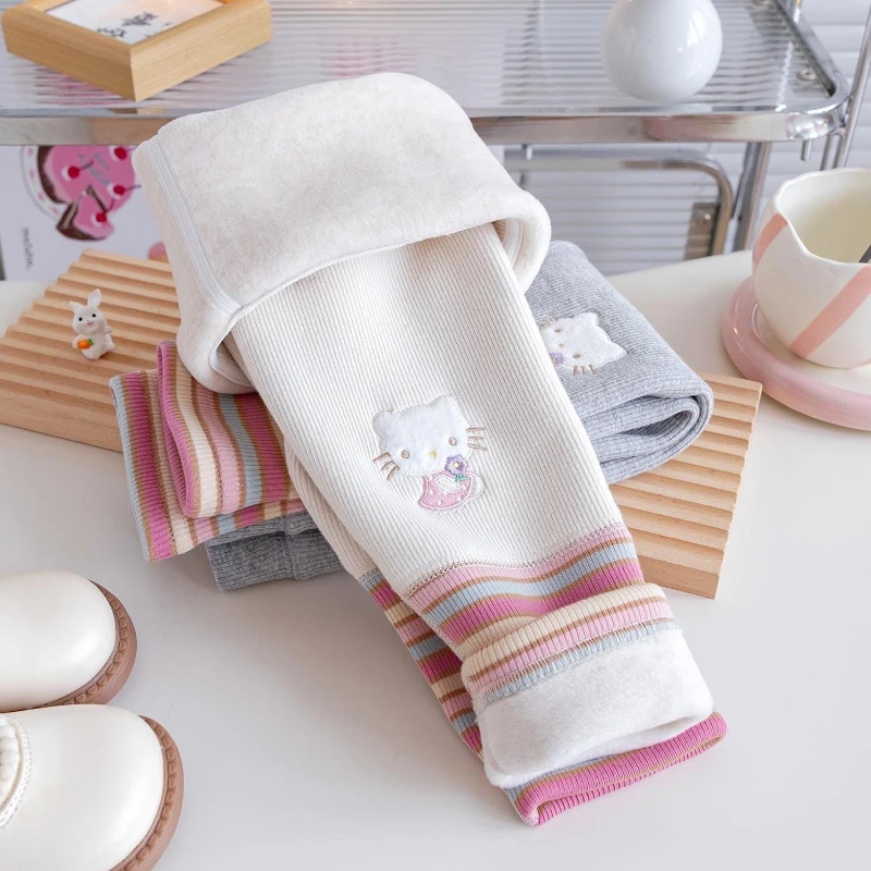 

Fashion Girls Winter Seamless Pants One-Piece Fleece Striped Baby Trousers