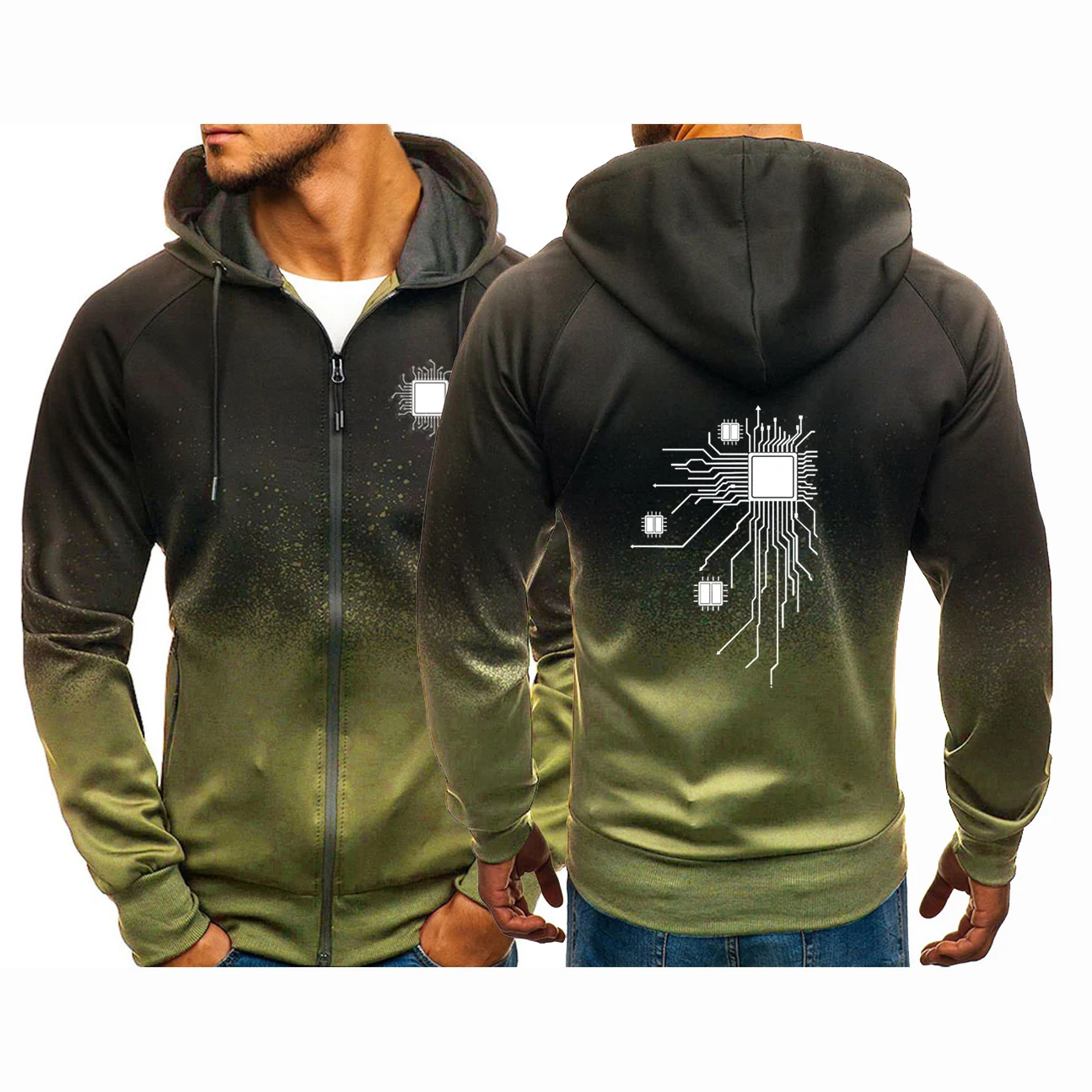 

2025 Spring Autumn CPU Processor Circuit Diagram Logo Print Men's Cardigan Zip Popular Gradient Color Hooded Jacket Coat Hoodies