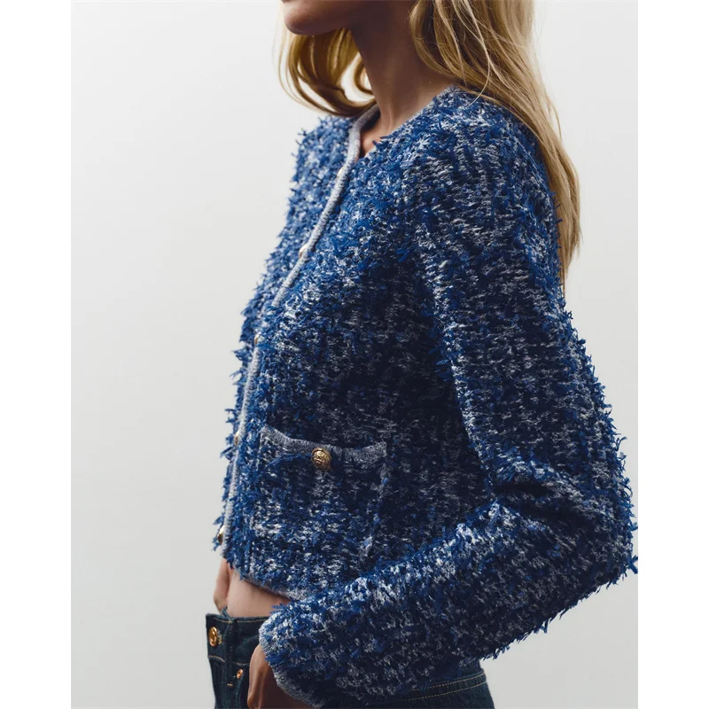 Cárdigan Corto de Punto con Cuello Redondo y Flocado Azul BANA, Ropa de Punto para Mujer, Informal, Cómodo, Hoado, Moda de ...