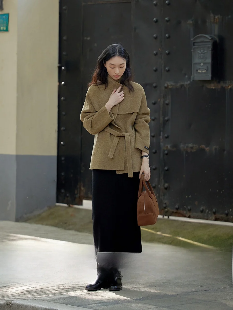 

Ginnkee винтажное шерстяное твидовое двустороннее женское осенне-зимнее пальто средней длины с воротником-стойкой в Корейском стиле прямого кроя