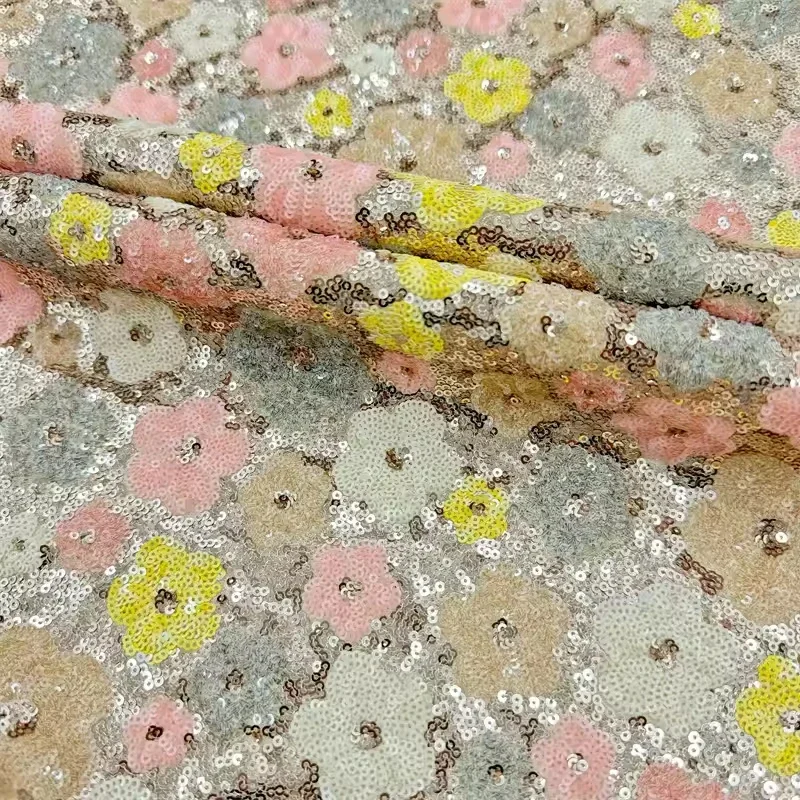 1yard Plum Blossom Sequin Embroidery Fabric Floral Beaded Wedding Dress Performance Costume DIY Sewing Skin-Friendly Fabric
