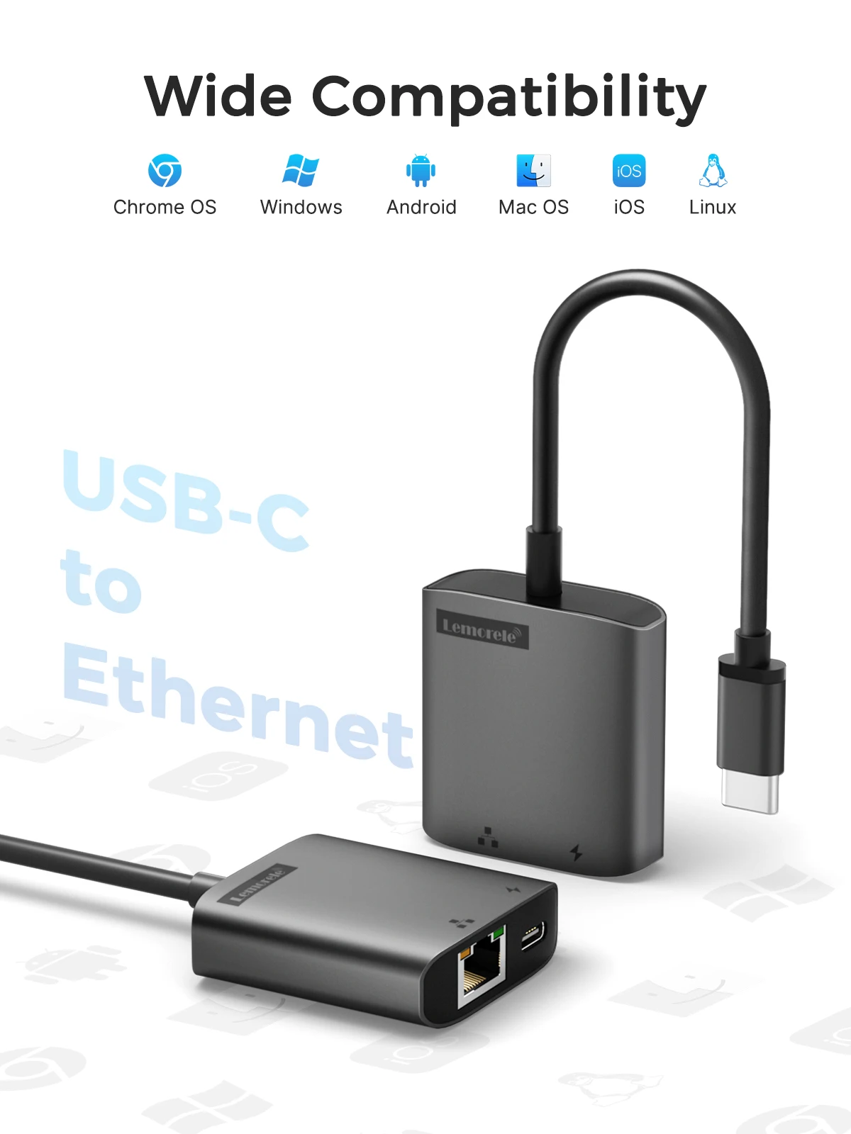 Lemorele USB-C Adapter Gigabit RJ45 z PD 3.0 passhthrough Hub USB C RJ45 Gigabit Ethernet prędkości do laptopa