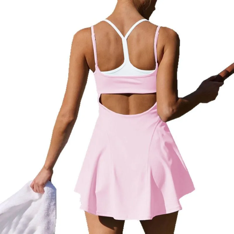 Women Color Block Padded Back Beauty High Stretch Anti Chafing Yoga Tennis Dress Running Fitness One Piece Skort Outfit