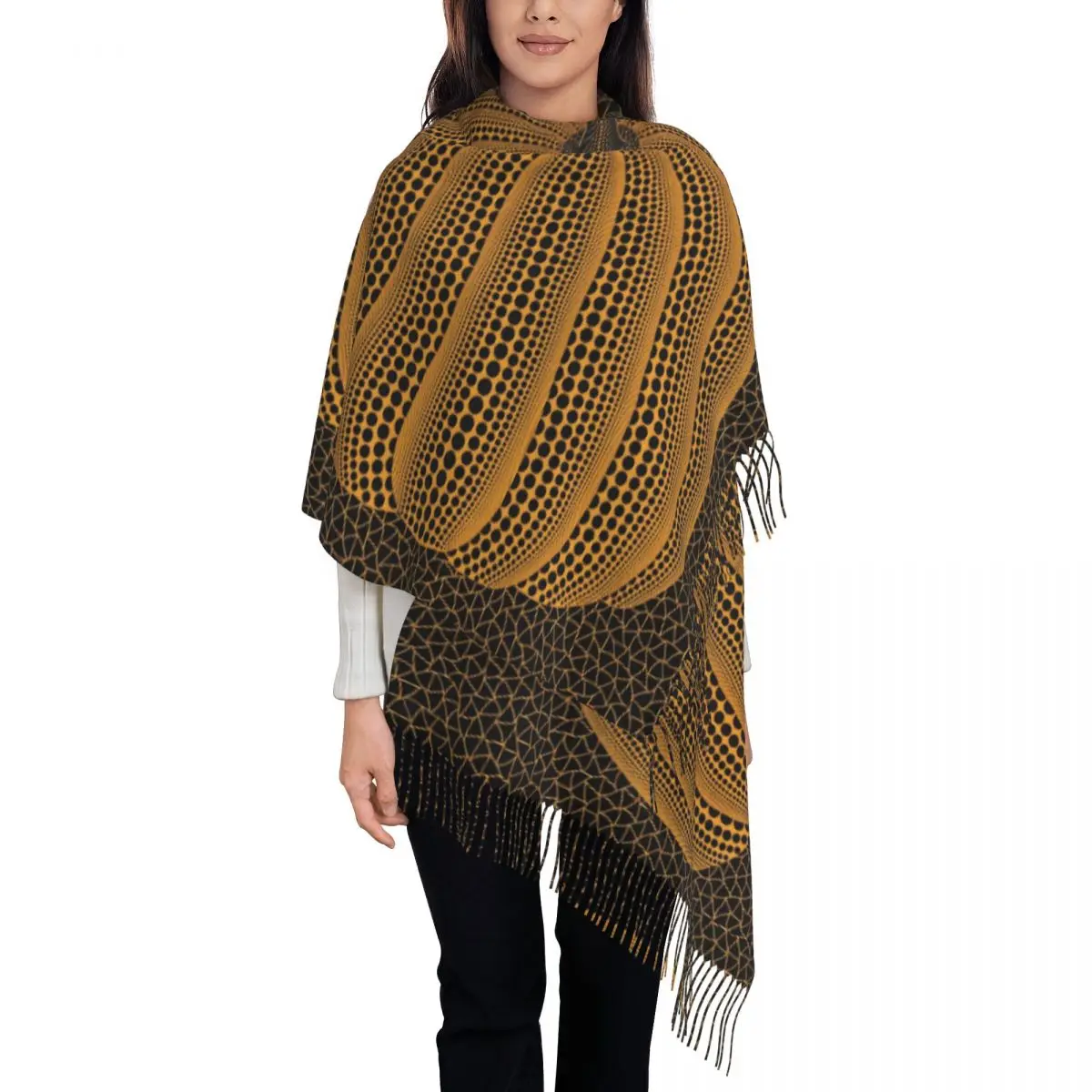 Custom Ladies Large Polka Dot Pumpkin Print Scarves Women Winter Soft Warm Tassel Shawl Wraps Yayoi Abstract Art Scarf