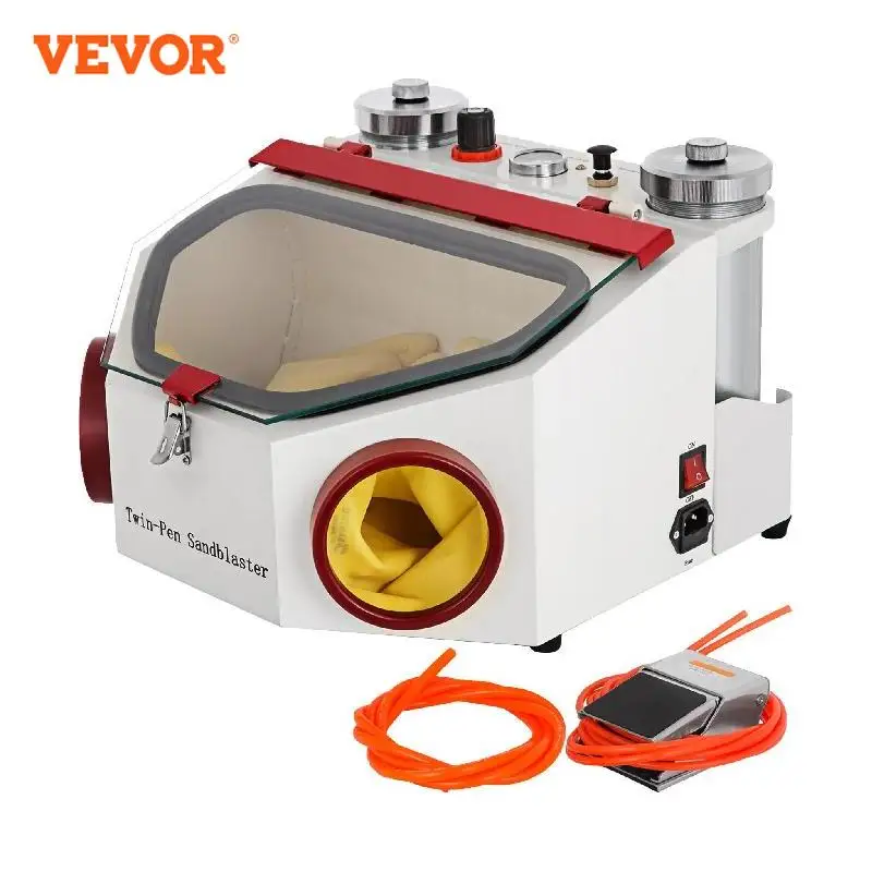 VEVOR Dental Lab Sandblaster Equipment 2 Pen+2 Tanks with LED Light Large View Window and Foot Pedal Control for Removing Oxides