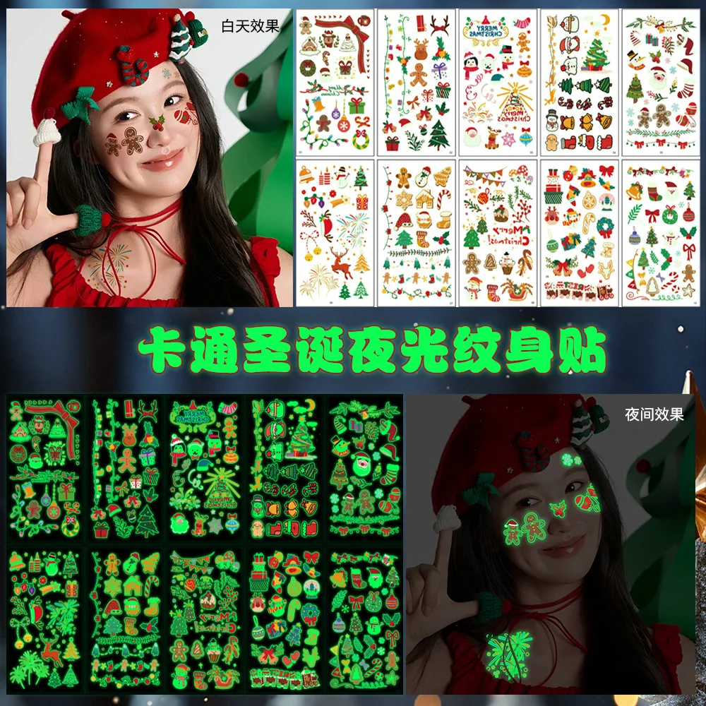 Children Cartoon Cute Glow Dark Christmas Temporary Tattoo Stickers 10 Sheets Santa Holiday Activity Waterproof Premium Safe