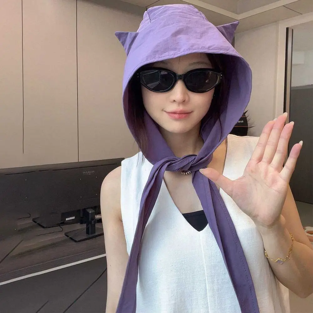 面白いソリッドカラー小悪魔帽子速乾性プルオーバースタイル Y2K ショール帽子レースアップショール形状スカーフ帽子 Y2K ファッション