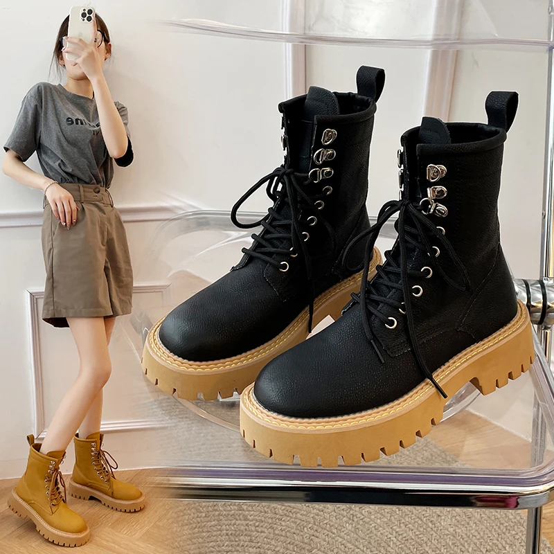 Leather Snow Boots Female Casual Boots Fashion Preppy Style Women's Shoes Platform Heels Lace-Up Gothic Chaussure Femme Mujer