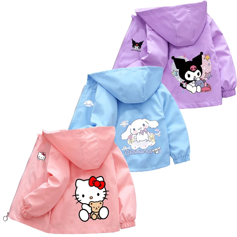 Sanrio Girls Cartoon Kuromi Cinnamoroll Jacket Hello Kitty ‌Princess Coats Spring Autumn Kids Hooded Jackets Casual Outerwear