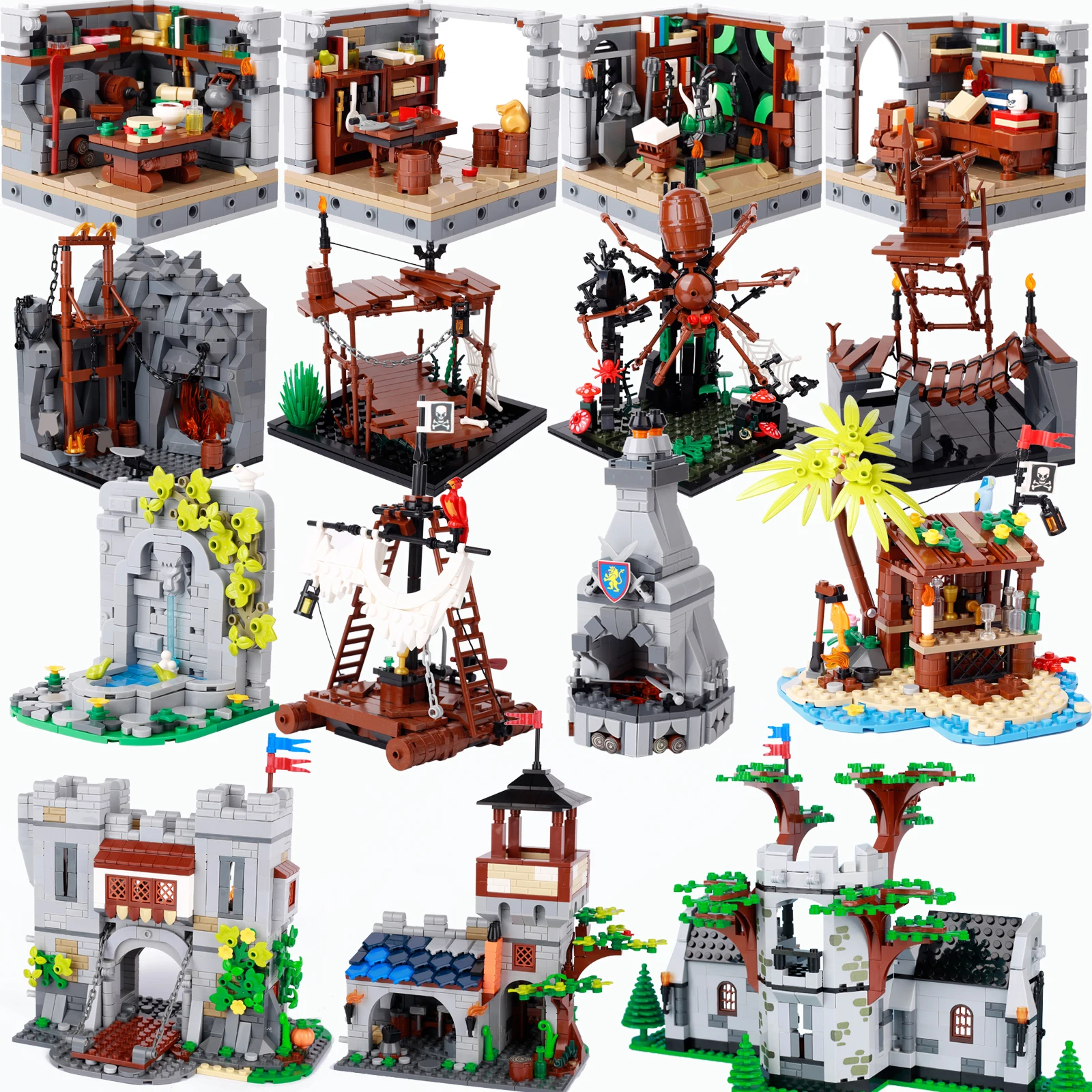 

MOC Medieval Castle Pirate Island Fortress Building Blocks Street View House Furniture Bookstore Movie Scene Accessories Toys