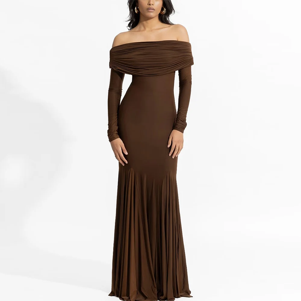 

Elegant Party Dresses for Women 2024 Spandex Sheath/Column Valentine's Day Dress Brown Off-the-shoulder Pleat Ruched Party Gown