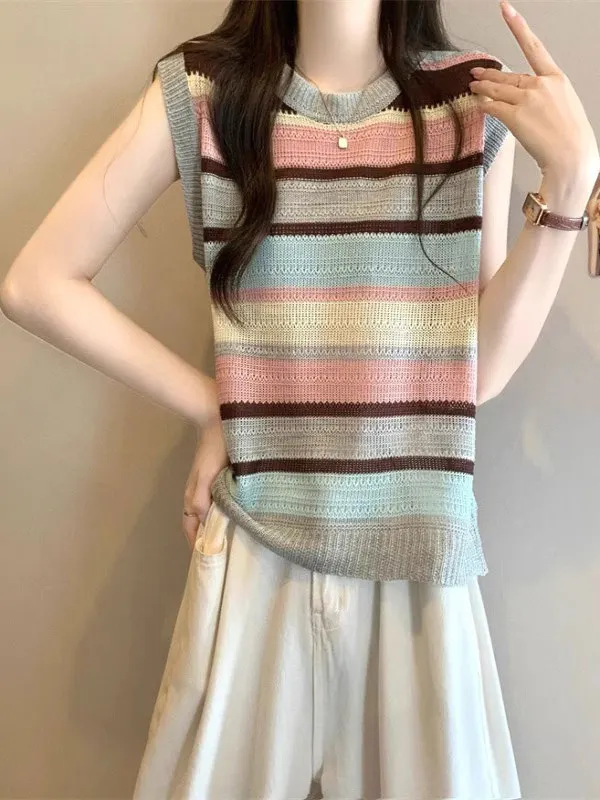 Dopamine  Stripes Knitted Top Women's Summer Thin Sleeveless Vest Unique Design Beautiful Inner Wear round Neck