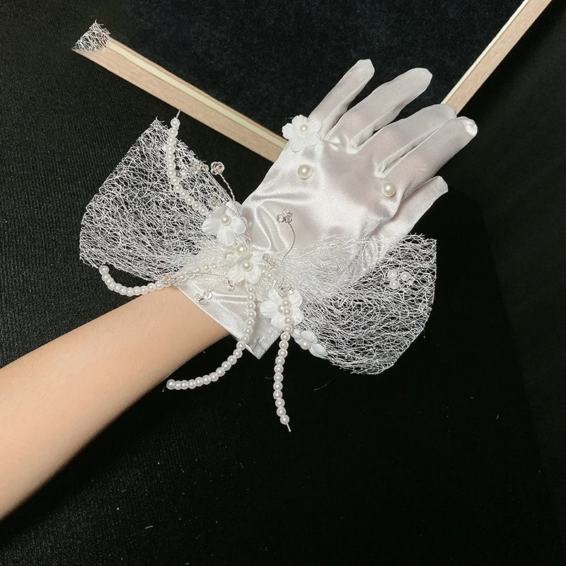 Elegant Satin Short Gloves For Women Thin Lace Pearl Bow Gloves Elastic Summer Sunscreen Cycling Mitten Etiquette Dress Accessor