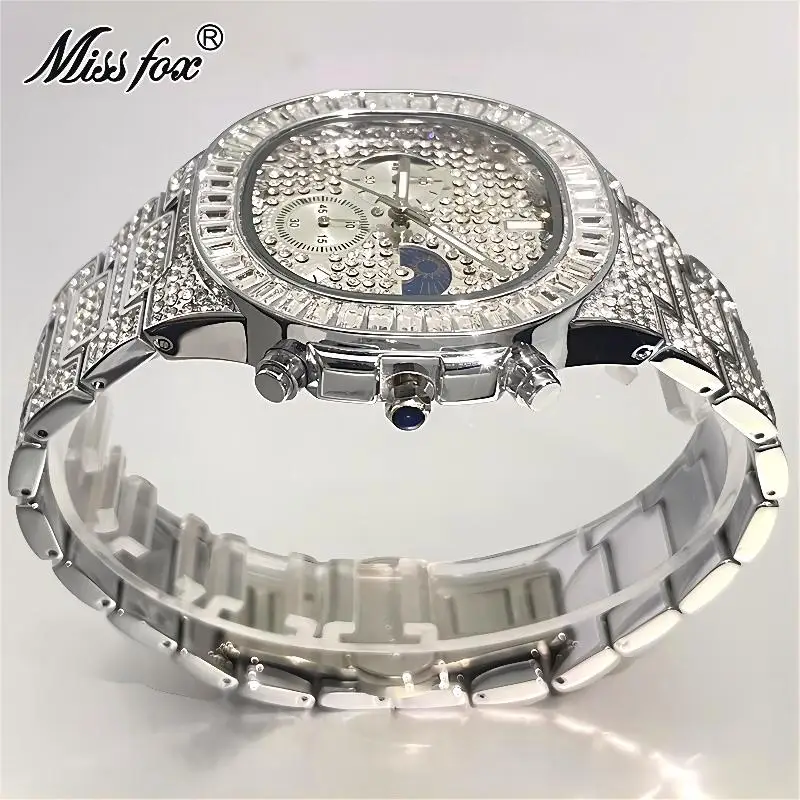 MISSFOX Luxury Iced Watch For Men Fashion Moon Phase Quartz Wristwatch Man Hip Hop Square Diamond AAA Clocks Reloj Free Shipping