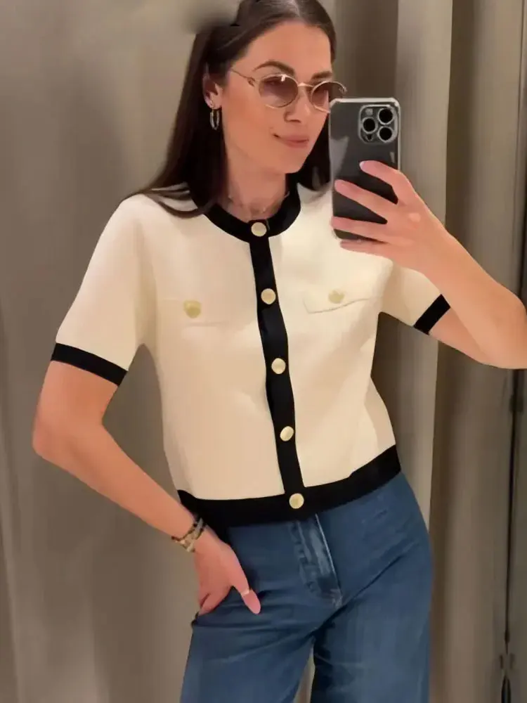 أنيقة المرأة سترة مشغولة من الصوف س الرقبة قصيرة الأكمام واحدة الصدر معاطف 2025 الصيف البرية الأساسية امرأة سترة