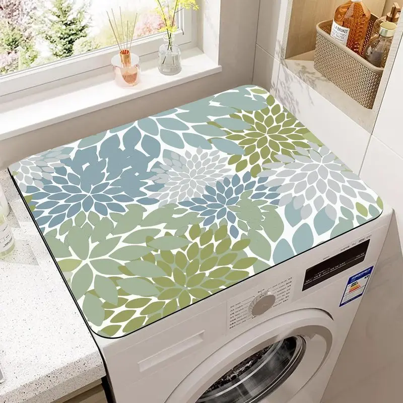 VIKAMA Sage Green Dahlia Floral Washing Machine Top Mat Waterproof Non Slip Dryer Dust Neutral Laundry Room Decor Pad