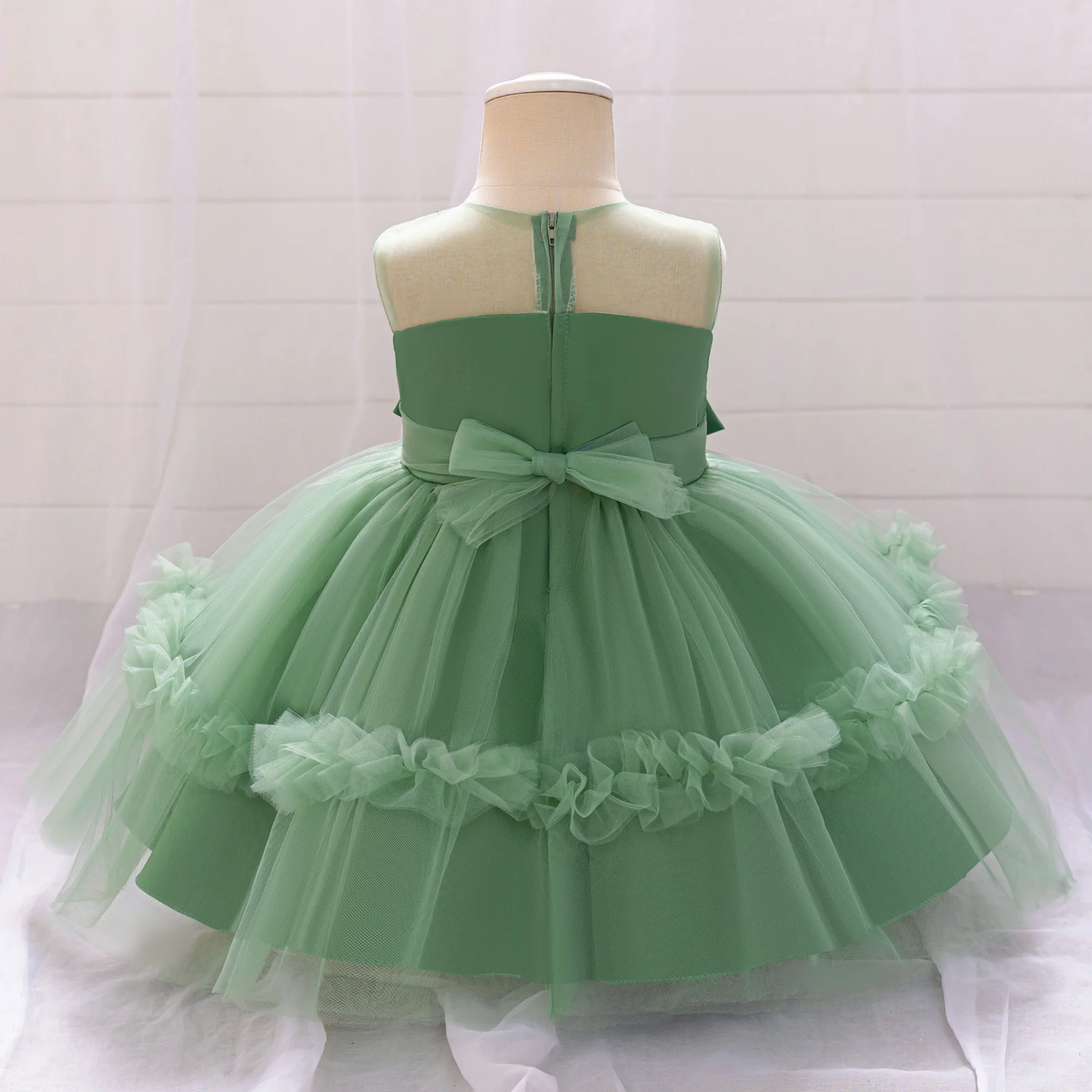 Infant Baby Girls Big Flower Green Dress Newborn Baptism Princess Dress Baby first 1st Year Birthday Kids Clothes Christening