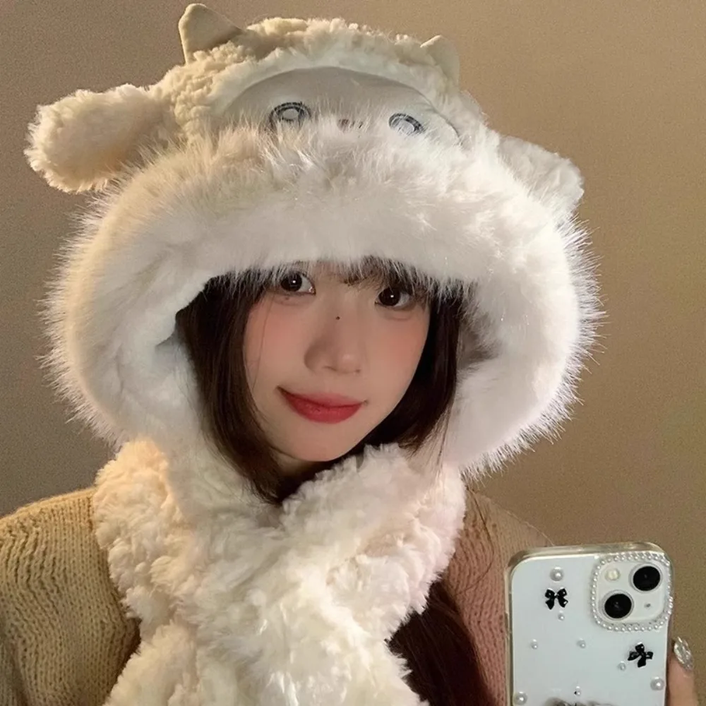 Cartoon Ear Protection Plush Hat Sheep Ears Windproof Fluffy Bucket Hat Thickened Fisherman Cap 2025 Winter