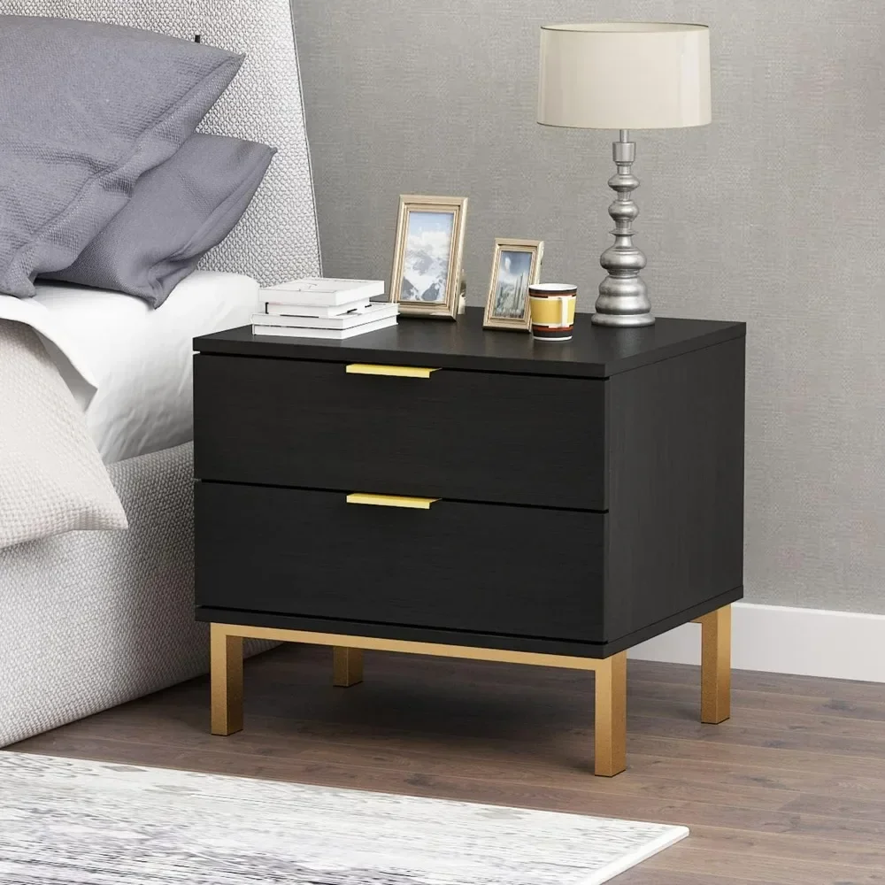 

Modern Nightstand with 2 Storage Drawers & Gold Metal Legs, Minimalist and Versatile Bedside Table Sofa End Side Table