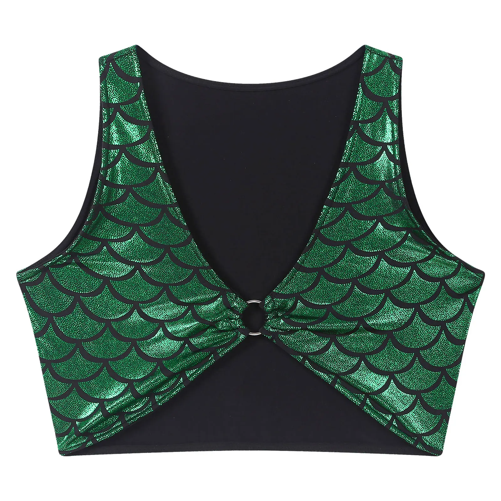 Womens Fishscale Print Metallic Crop Top Mermaid Cosplay Costume V Neck Sleeveless O-Ring Crop Tank Top Rave Party Clubwear Top