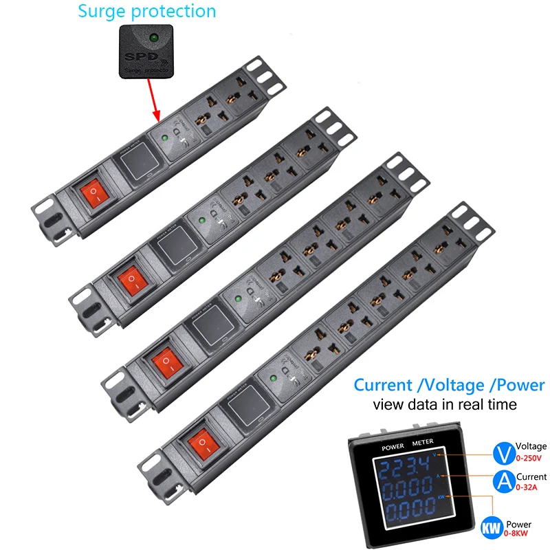 PDU Power Strip Universal Socket Surge protection Ammeter/voltmeter/power test meter Special for horizontal socket chargers