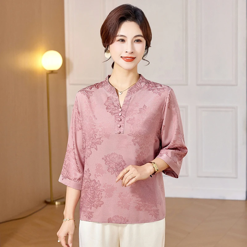

Spring 2026 Mid-Sve Embroidered Stand Collar T-irt Mom Sle Faion Slimming ly Women's Breathable Wear Resistant ...