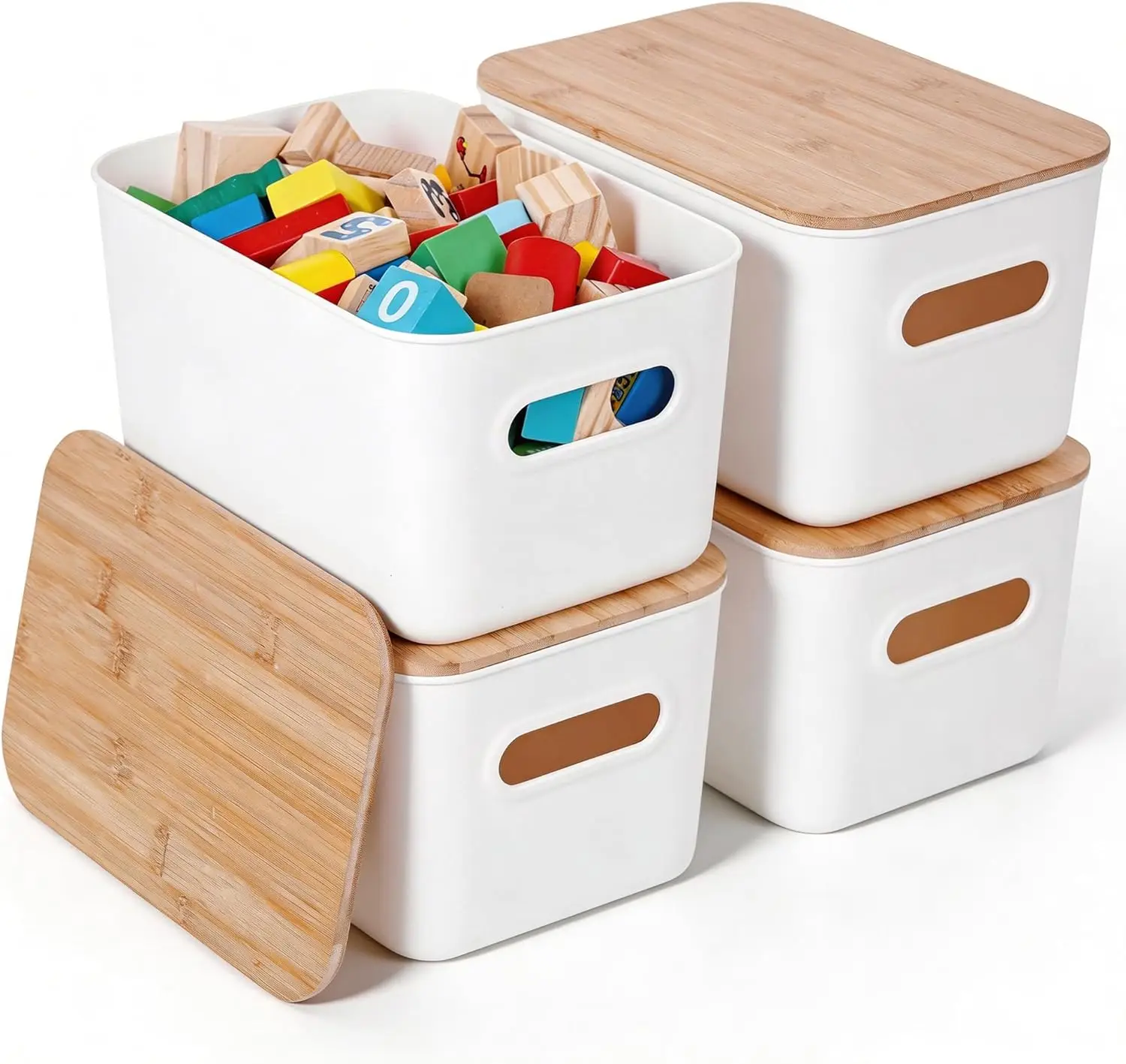 

4 PCS Storage Bins with Bamboo Lids Plastic Storage Containers for Organizing Stackable Storage Box with Handle, 10.23 x 7.08