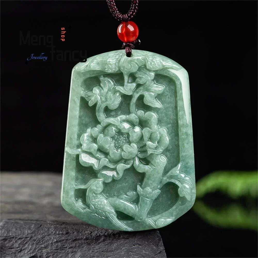 

Natural A-goods Jadeite Magpie Peony Ice Jade Pendant Simple Exquisite Handicraft Mascots Fashion Luxury Jewelry Holiday Gift