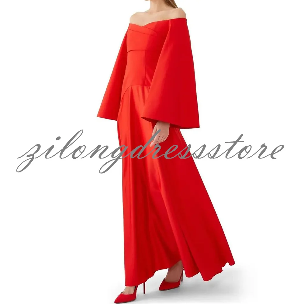 Classic Red Straight Floor Length Off the Shoulder Satin Long Sleeves Evening Dress Prom Dress Pleats Empire flare sleeve