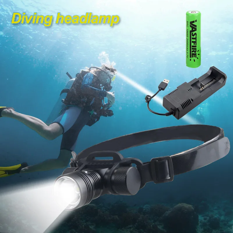 

1/2PCS Diving Headlamp Headlight LED 3 mode black with Built-in Battery Flashlight USB Rechargeable Professional Underwater Lamp