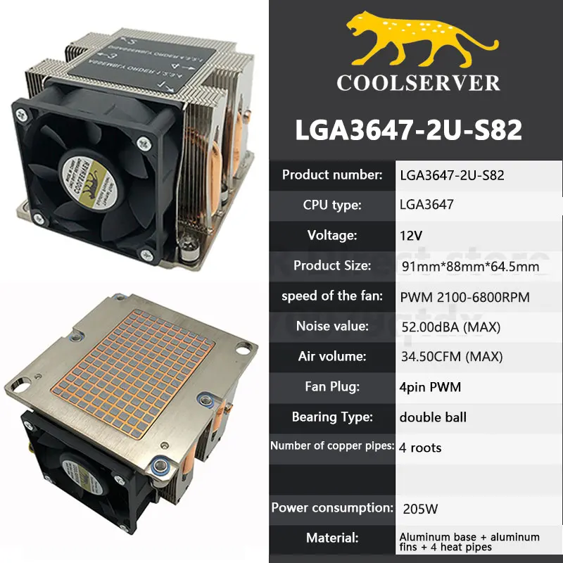 COOLSERVER LGA3647 CPU Server Cooler 4 Heatpipes TDP205W Radiator With 4PIN PWM Silent Cooling Fan For LGA3647