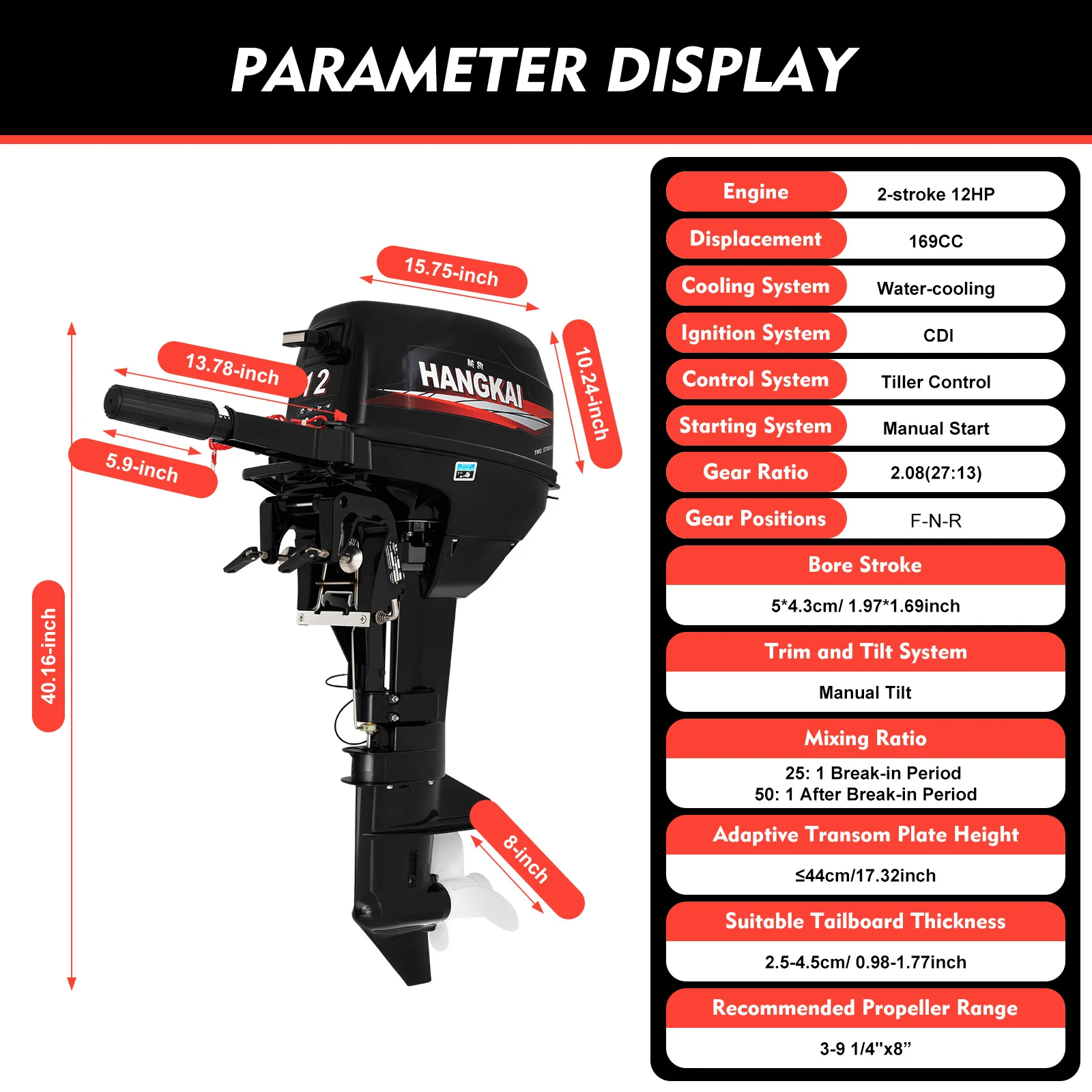 169CC 12HP 2 Stroke HANGKAI Outboard Motor Fishing Boat Engine CDI System