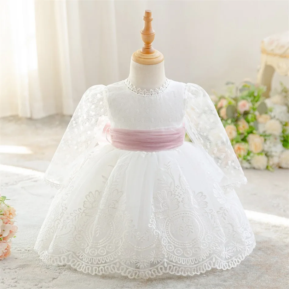 Baby Girls White Formal Dress Long Lace Sleeve Tulle Sash Skirt Toddler 1st Birthday Baptism Wedding Girl Princess Dress ASQ03