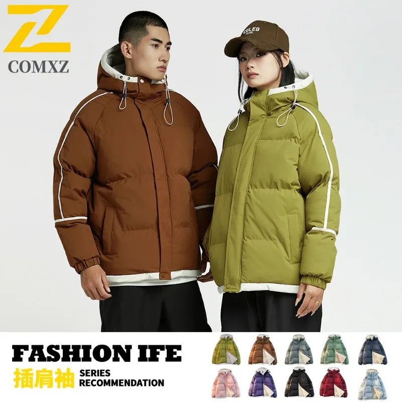 COMXZ 2025 Winter Fashion Hooded Puffer Jacket American style Unisex Casual Loose Fit Warm Waterproof Windproof Solid Color Coat