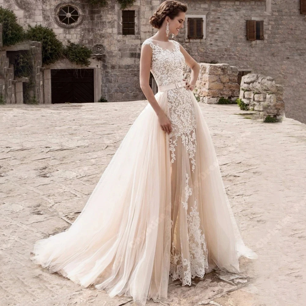 Vestido De Novia De lujo con dobladillo blanco extraíble, apliques De encaje, Vestidos De Novia Sexy De alta calidad, longitud De fregado De sirena