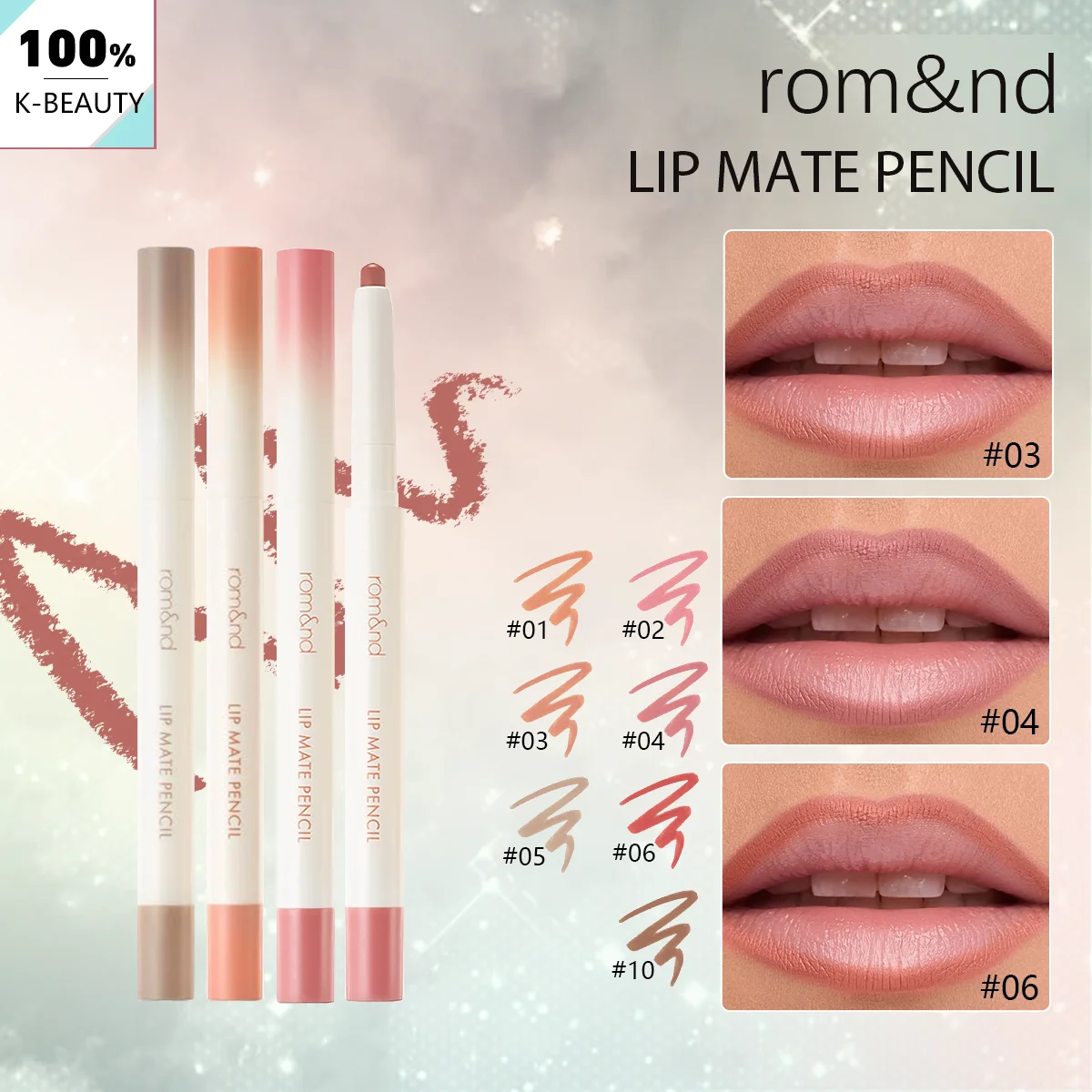 Rom & nd LIP MATE PENCIL, textura fosca de veludo, núcleo de lápis suave, cor de longa duração, sofisticação fosca, K-Beauty, maquiagem coreana