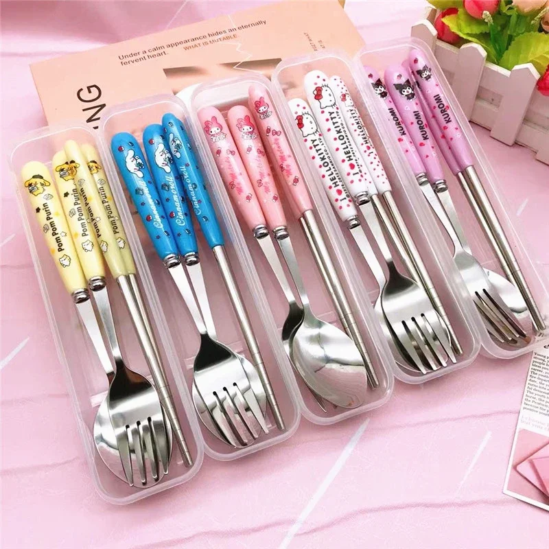 

Sanrio Kuromi Tableware Chopsticks Kawaii Cinnamoroll Cute Spoon Fork Cartoon Student Family Soup Stainless Steel Toys Girls