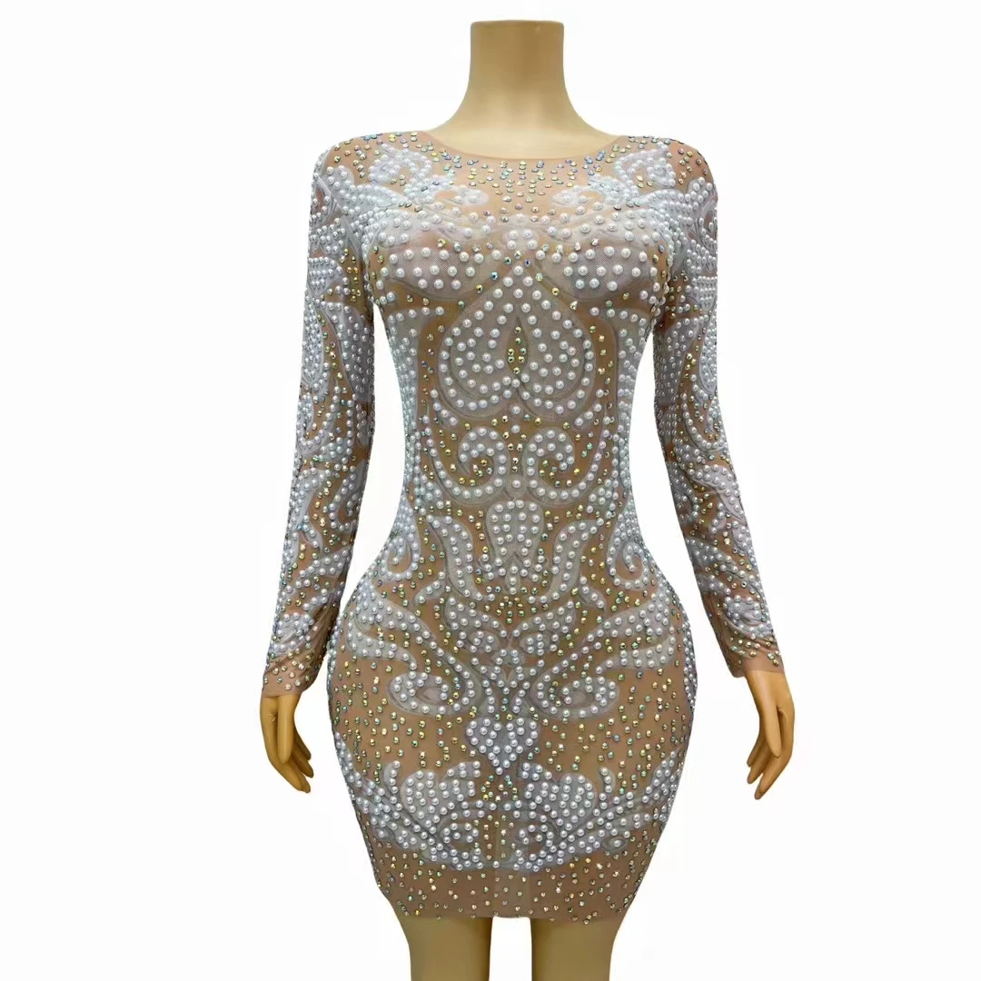 

Women Crystal Pearl Mesh Tight Short Dress Transparent Stage Wear Sexy Evening Party Birthday Prom Rhinestones Dress Bar Costume