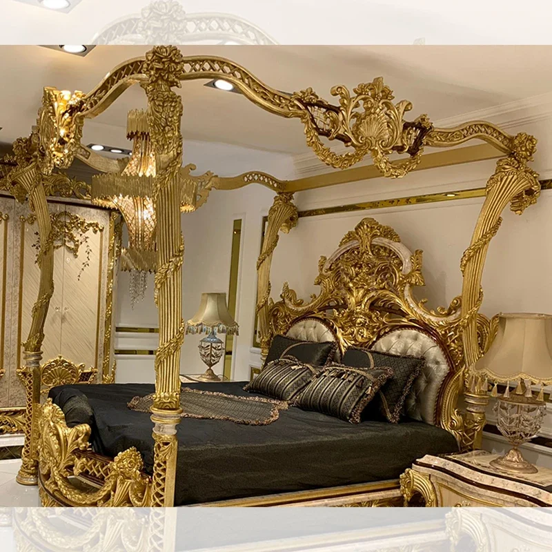 Classic Deluxe Palace Bedroom Furniture Set Queen Solid Wood Frame Bed