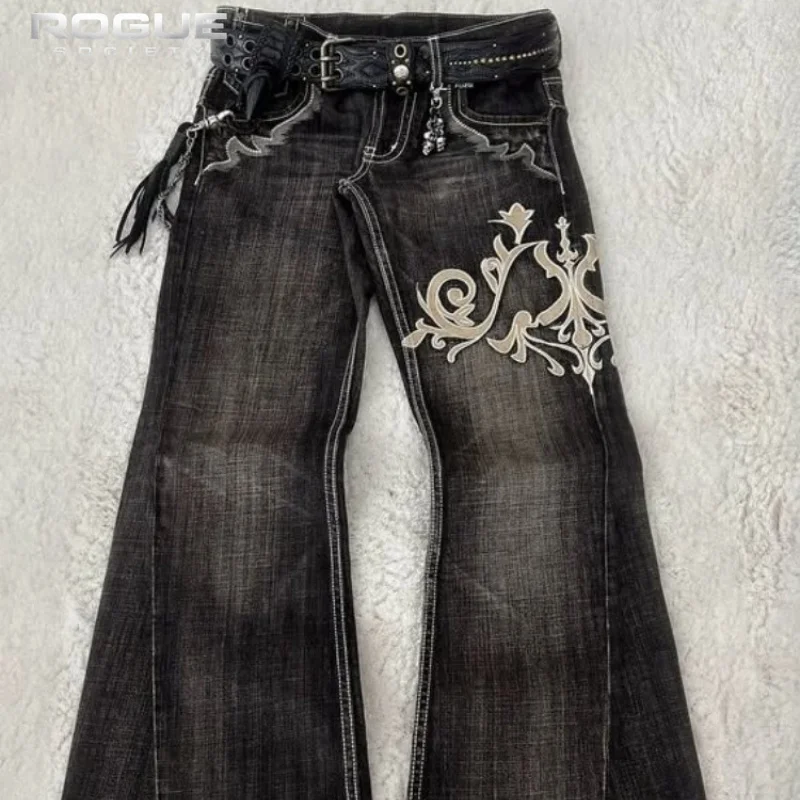 Summer Streetwear Embroidered Flare Jeans Men Y2K Retro Gothic Punk Casual Harajuku Distressed Vintage Black Denim Pants Unisex