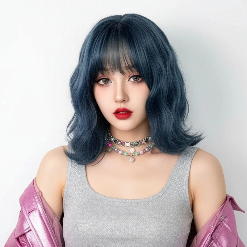 

GAKA Синтетические короткие волнистые вьющиеся парики с челкой Синие женские натуральные волосы Лолиты для косплея для повседневной вечеринки