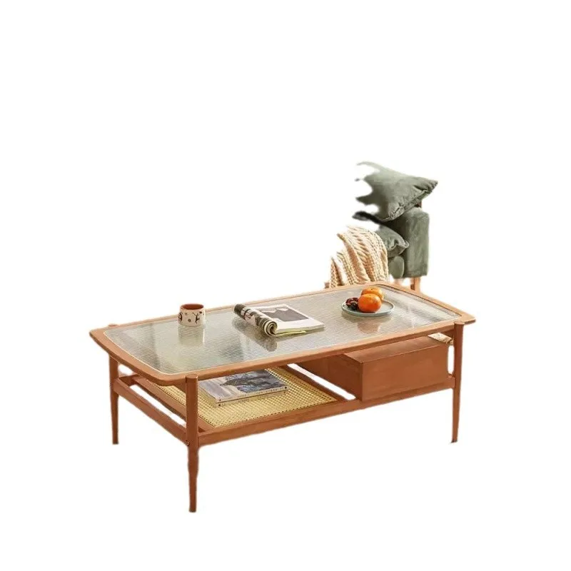 Japanese-style pure solid wood coffee table rainbow glass tea table rattan double-layer small apartment modern living