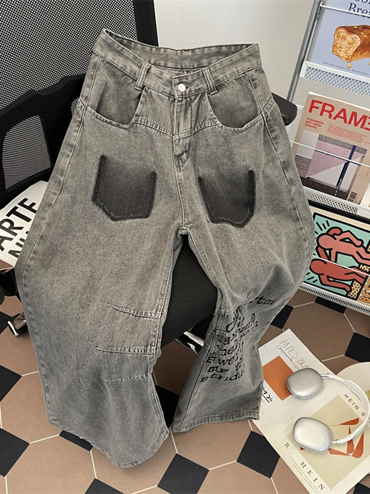 

Vintage Letter Printed Jeans For Men American Washed Loose Denim Pants Casual Fashion Street Style Male Pleated Trousers